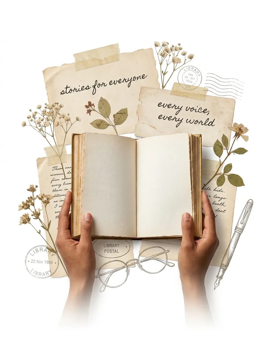 Inclusive literary reading collage with hands holding an open vintage book