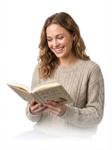 Joyful young woman smiling warmly while reading an open book